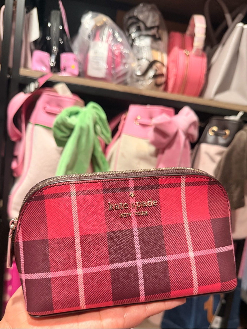 kate spade New York Red & Pink Plaid Cosmetic Pouch